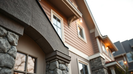 Obraz premium Modern House Exterior: Stone and Wood Architecture Design. Luxury Real Estate Property, Contemporary Home, Suburban Development