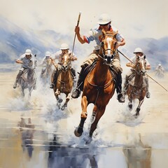 Group of riders galloping across shallow water during a vibrant day in a mountainous landscape