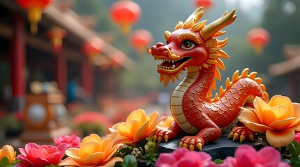 Fototapeta premium Symbolic dragon statue with vibrant floral setting