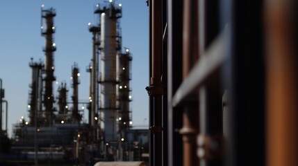 A large industrial plant with many tall structures and a clear blue sky. The sky is filled with many lights, which gives the scene a bright and lively atmosphere