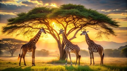 Three Giraffes Under Acacia Tree - Beautiful Bokeh Photography