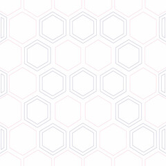 A seamless pattern of overlapping hexagons in shades of gray and light pink on a white background.