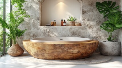 Luxurious wooden bathtub in a modern bathroom surrounded by lush greenery and natural light