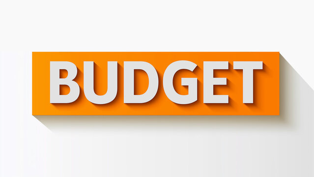 Budget word. Budget label. Minimalist orange label with "BUDGET" title isolated on a white backdrop. For finance, savings, and budgeting themes.