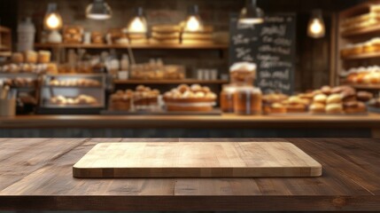 Naklejka premium Wooden board empty table background. abstract blurred bakery shop background.