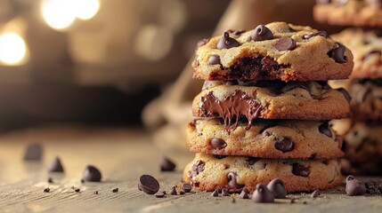 Delicious chocolate chip cookies, stacked, close-up, rustic background, food photography.