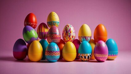 Vibrantly colored Easter eggs arranged in a playful mood on a pink background
