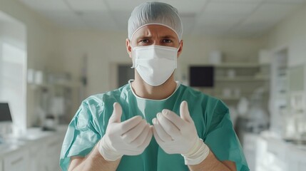 Surgeon prepares for procedure in modern operating room wearing scrubs and mask