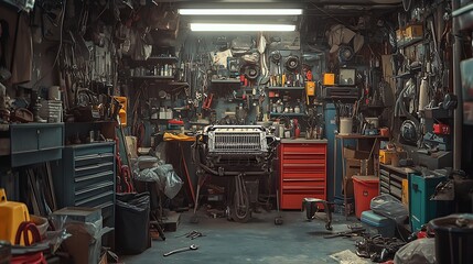 Cluttered Garage Workshop Filled With Tools And Parts