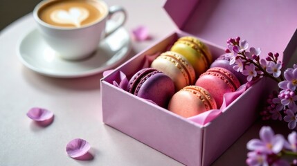 Delightful pastel macarons in a pretty pink gift box, accompanied by a cup of aromatic latte and delicate lilac blossoms.