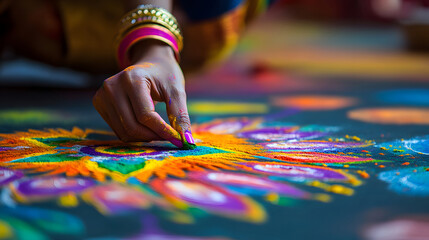 Obraz premium Close-up of a woman's hand drawing a rangoli on the floor. Indian ornament