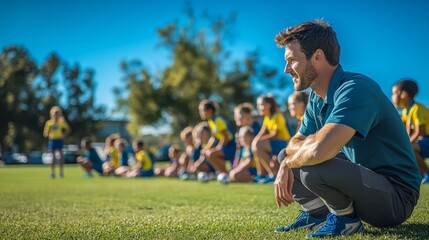 Obraz premium Inspiring High School Teacher Coaching Energetic Sports Team on Field with Motivational Guidance for Teamwork and Joyful Moments
