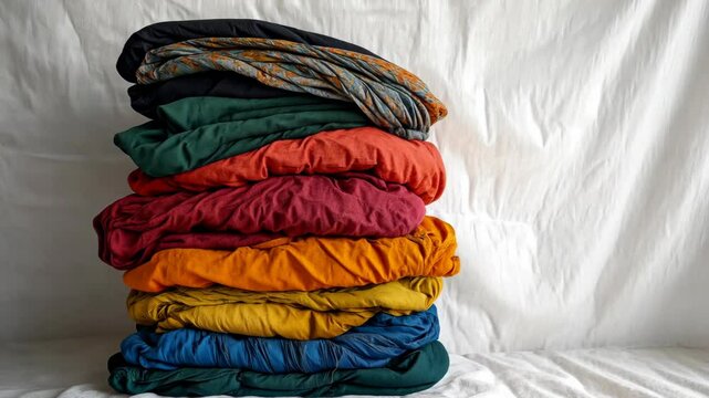 Vibrant stack of colorful textiles arranged neatly on a light background in a cozy indoor space