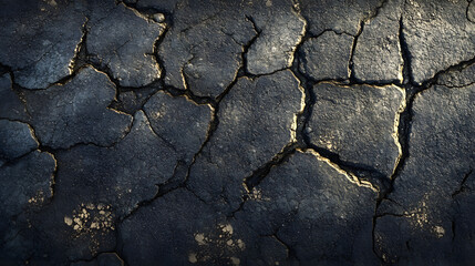 Fototapeta premium A detailed image of cracked earth, with rich textures in dark tones.