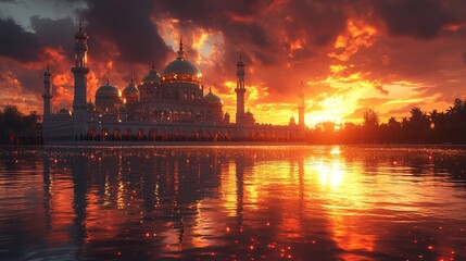 Naklejka premium Majestic Mosque Sunset Reflection Water.