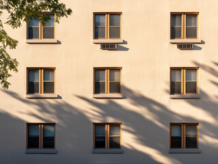 Obraz premium Symmetrical Facade with Windows and Tree Shadows in Warm Sunlight