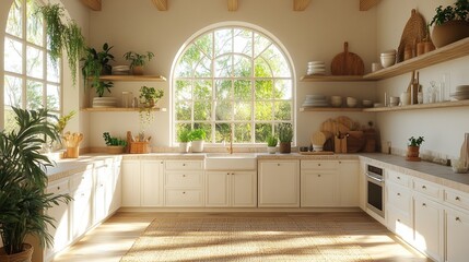 Bright kitchen sunlit interior home decor.