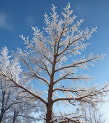 Snowflakes gently fall on the branches of a bare Christmas tree against a clear blue sky, snow covered trees, snowflakes falling, frosty atmosphere