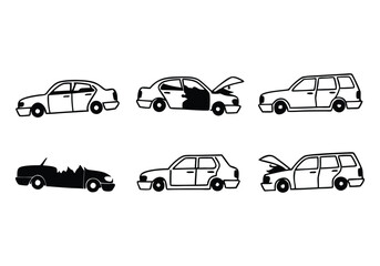 Naklejka premium Minimalist Crashed Cars Icons Set | Hand-Drawn Accident Line Art Vector