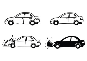 Fototapeta premium Minimalist Crashed Cars Icons Set | Hand-Drawn Accident Line Art Vector
