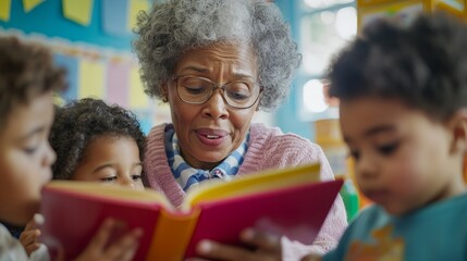 Inspiring African-American Teacher Reading to Kindergarten Kids in Vibrant Classroom - Educational...