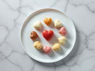 Heart-shaped chocolates on white plate.