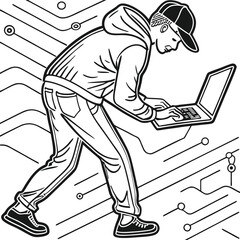 A stylized black and white illustration of a person wearing a hoodie and baseball cap, engrossed in using a laptop.
