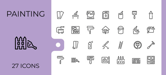 Brushes And Painting linear icon collection. Related to artist, repair, graphic, roller, painting, paintbrush and more. Simple icon designs. Editable vector stroke.