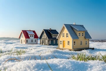 Create a top down view photorealistic image of a row of miniature wooden houses set against a backdrop of a clear blue and white cloud sky
