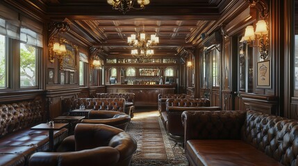 Naklejka premium Luxurious wooden bar interior, leather seating, relaxing atmosphere, daytime