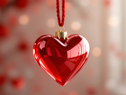 Red heart ornament hanging on string.