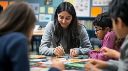 Fototapeta premium Engaging South Asian Female Teacher Fostering Math Competition and Teamwork Among Students with Interactive Board Games