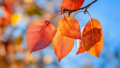 Obraz premium Vibrant Autumn Leaves on a Branch Against a Blue Sky