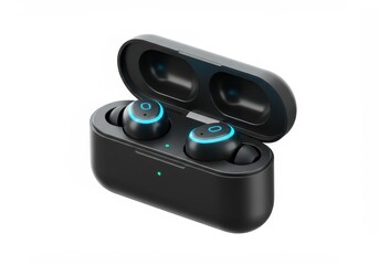 A 3D illustration of sleek black wireless earbuds with glowing blue accents, housed in an open charging case isolated on a white background