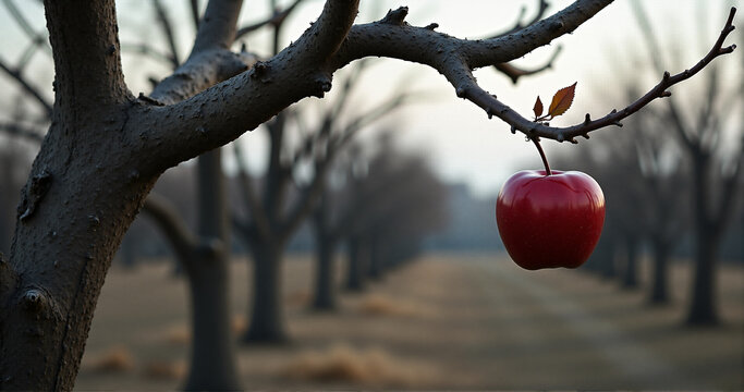 A bright red apple hanging from a gnarled, twisted tree in an otherwise barren orchard.