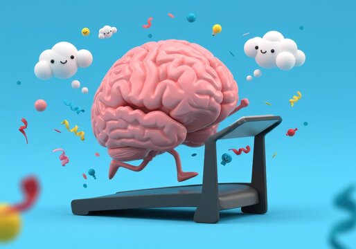 A 3D illustration of a pink brain running on a treadmill, symbolizing mental exercise or productivity, set against a vibrant blue background