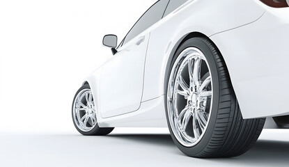 Naklejka premium Close-up view of a sleek white luxury sports car, featuring shiny chrome alloy wheels and a modern aerodynamic design, set against a clean white background.