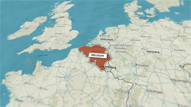Borders of the state of Belgium on the map. Country Belgium on the map is highlighted by a polygonal border. From above zooming in with panoramic view