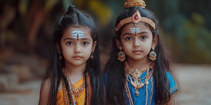 Children Dressed as Hindu Deities Shiva and Parvati for Festive Celebrations