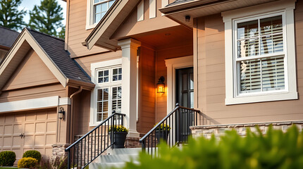 Luxury Home Exterior: Modern Architectural Design and Landscaping. A stunning residential property showcasing contemporary architecture, brick and stone facade, and beautiful landscaping.