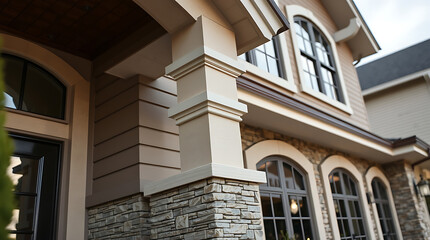 Obraz premium Elegant Home Exterior: Modern Architecture and Stone Facade Design. Luxury Real Estate Property with Classic Style and Beautiful Entrance