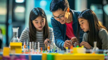 Empowering Academic Creativity: Asian-American Teacher Inspiring Students at Science Fair with Innovative Ideas
