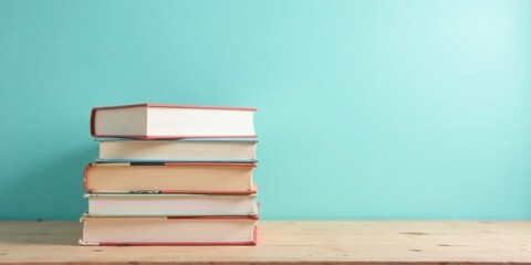 A Stack of Books on a Wooden Surface Against a Light Teal Background