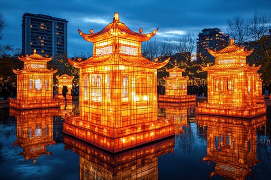 Chinese Lantern Festival: Lanterns intricately carved in the shapes of historical Chinese landmarks, glowing brightly on a cityâ€™s main square surrounded by spectators, blending history