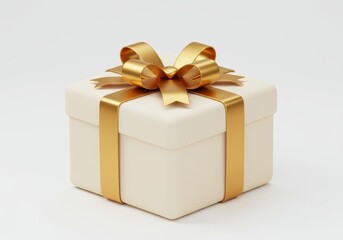 A 3D illustration of an elegant cream-colored gift box wrapped with a shiny golden ribbon and bow