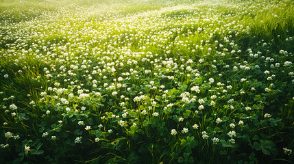Lush green meadow with wild white clover flowers in sunny landscape. Nature, tranquility, blooming, countryside, springtime