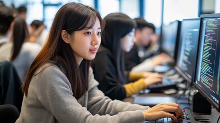 Modern Tech Education: Asian Teacher Explaining Coding Basics to Students Working on Computers with Digital Screens