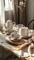 Elegant Tea Set Arrangement on Wooden Table with Warm Sunlight and Delicate Flowers