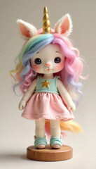 Enchanting unicorn doll with colorful hair and a star on its dress, posed on a wooden base