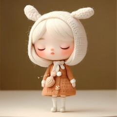 Fototapeta premium Adorable Doll in Knit Hood and Winter Coat